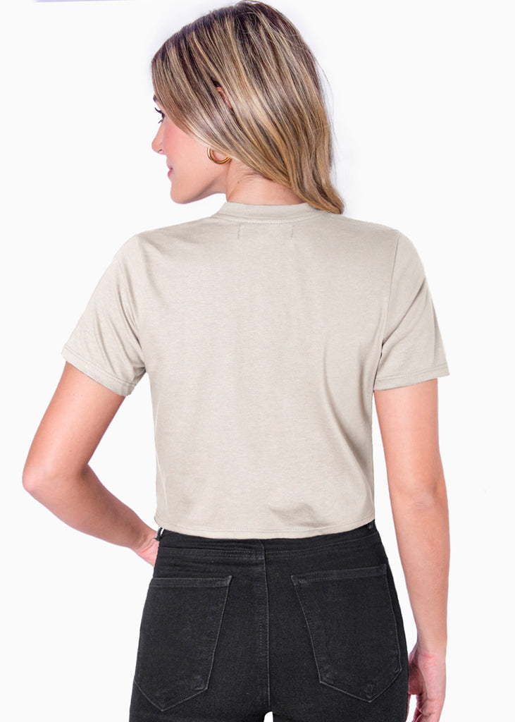 Camiseta crop con apliques de piedras brillantes color beige para mujer - Flashy