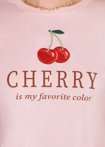 Camiseta crop con bordado "Cherry is my favorite color" color rosado para mujer - Flashy