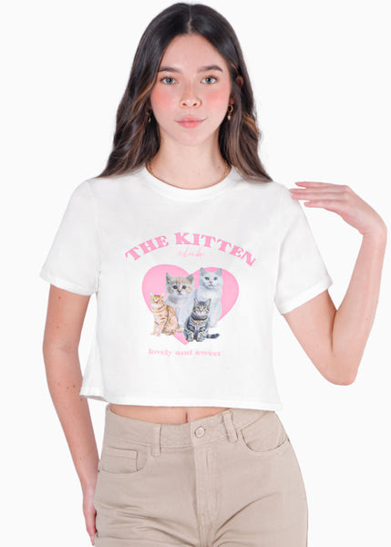 Camiseta crop con estampado "The Kitten Club" color café para mujer - Flashy