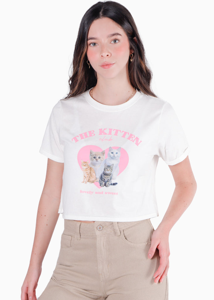 Camiseta crop con estampado "The Kitten Club" color café para mujer - Flashy