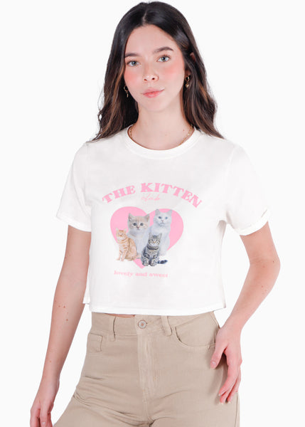 Camiseta crop con estampado "The Kitten Club" color café para mujer - Flashy