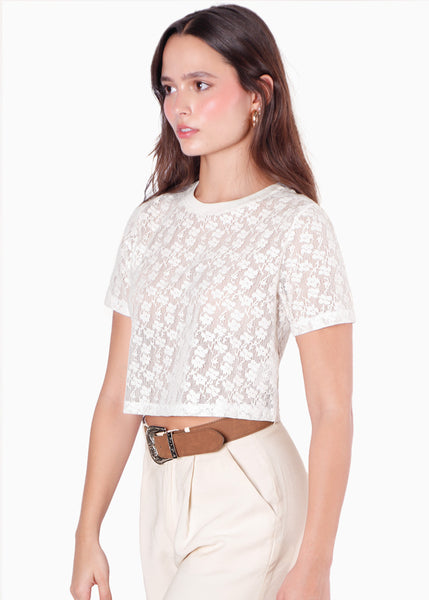 Camiseta crop de encaje color blanco, marfil para mujer - Flashy