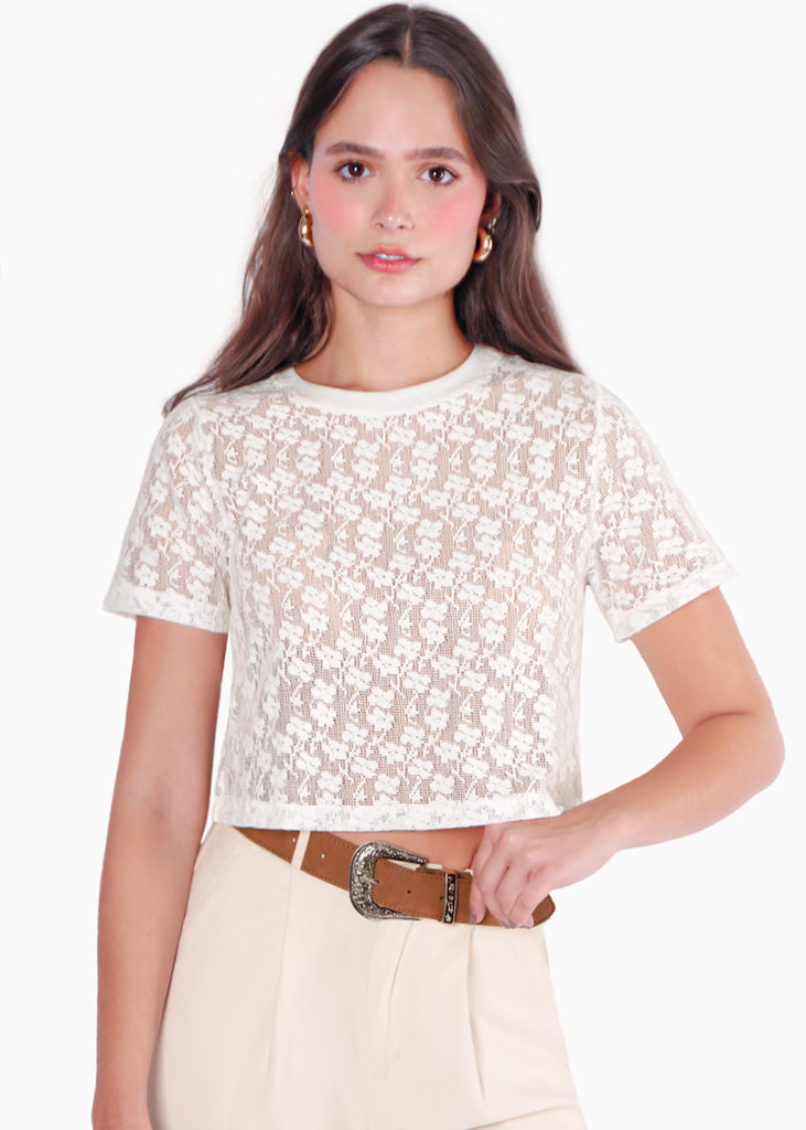 Camiseta crop de encaje color blanco, marfil para mujer - Flashy