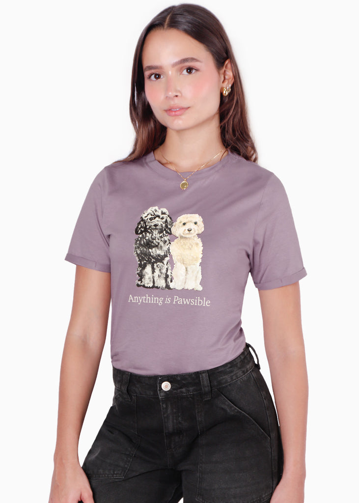 Camiseta estampada "Anything is pawsible" color morado para mujer - Flashy