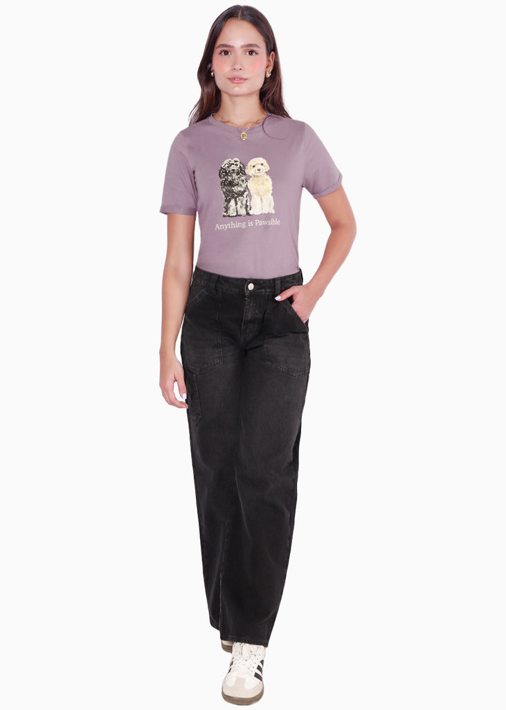 Camiseta estampada "Anything is pawsible" color morado para mujer - Flashy