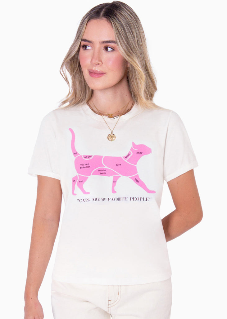 Camiseta estampada "Cats are my favorite people" color blanco, marfil para mujer - Flashy
