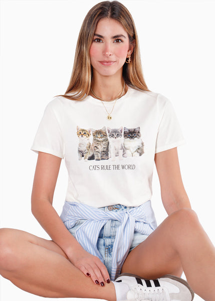 Camiseta estampada "Cats rule the world" color blanco, marfil para mujer - Flashy