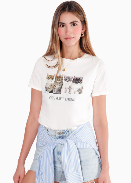 Camiseta estampada "Cats rule the world" color blanco, marfil para mujer - Flashy