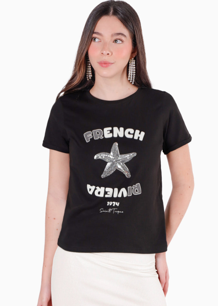 Camiseta estampada "French Riviera" con estrella en lentejuelas color negro para mujer - Flashy