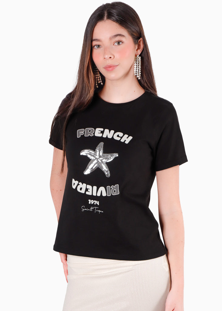 Camiseta estampada "French Riviera" con estrella en lentejuelas color negro para mujer - Flashy