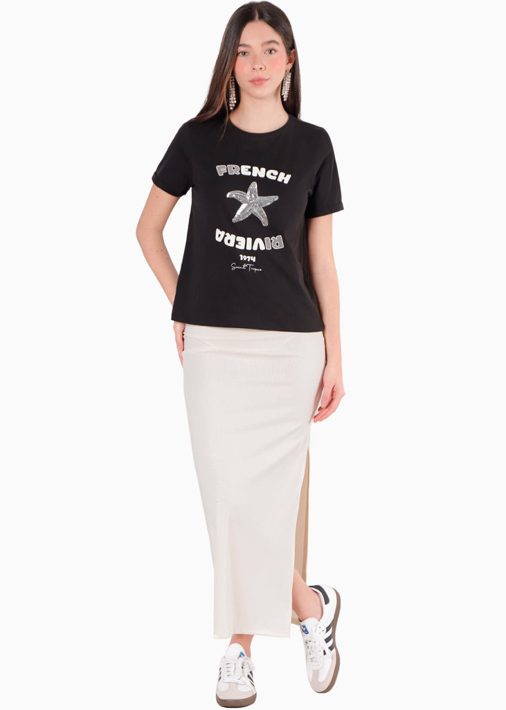 Camiseta estampada "French Riviera" con estrella en lentejuelas color negro para mujer - Flashy