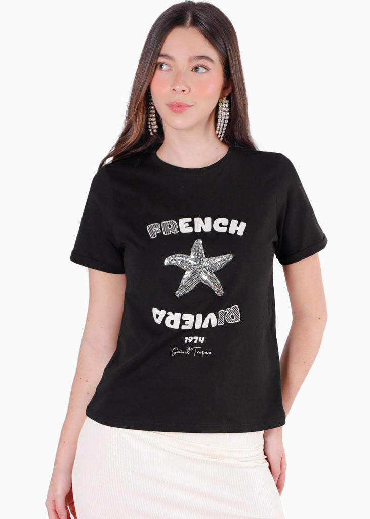 Camiseta estampada "French Riviera" con estrella en lentejuelas color negro para mujer - Flashy