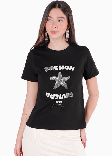 Camiseta estampada "French Riviera" con estrella en lentejuelas color negro para mujer - Flashy