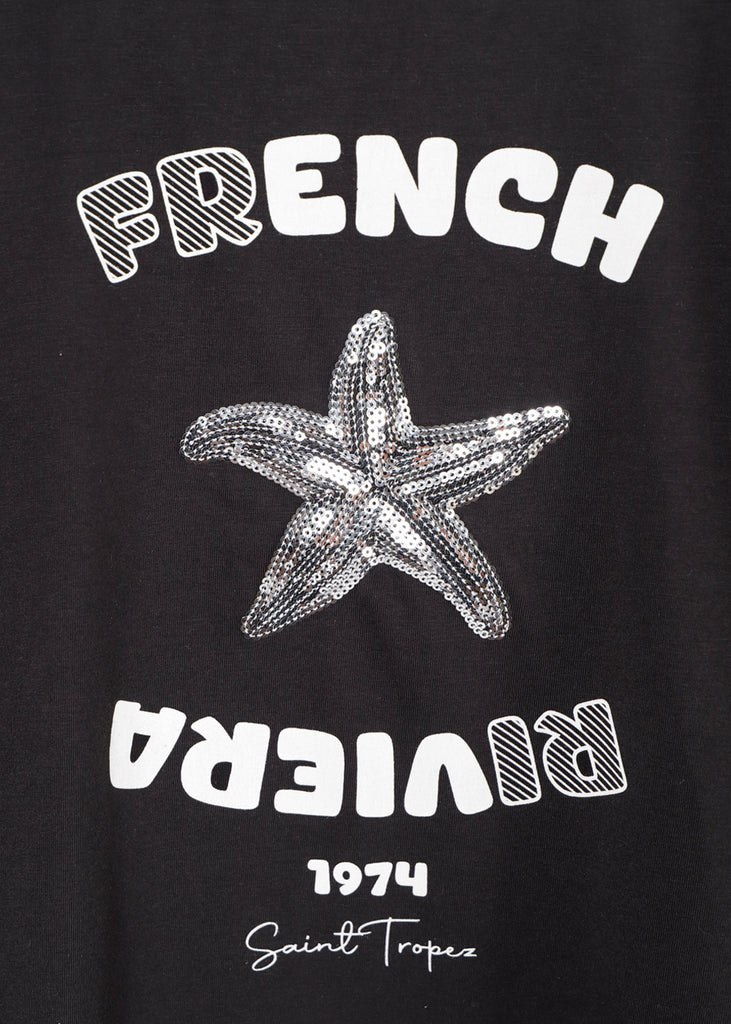 Camiseta estampada "French Riviera" con estrella en lentejuelas color negro para mujer - Flashy