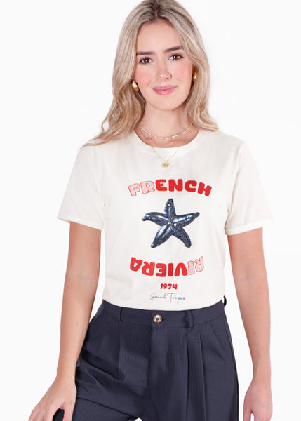 Camiseta estampada "French Riviera" con estrella en lentejuelas color marfil, blanco para mujer - Flashy