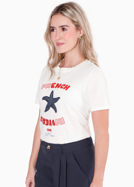 Camiseta estampada "French Riviera" con estrella en lentejuelas color marfil, blanco para mujer - Flashy