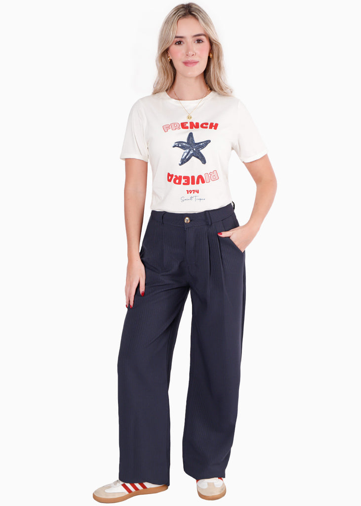 Camiseta estampada "French Riviera" con estrella en lentejuelas color marfil, blanco para mujer - Flashy