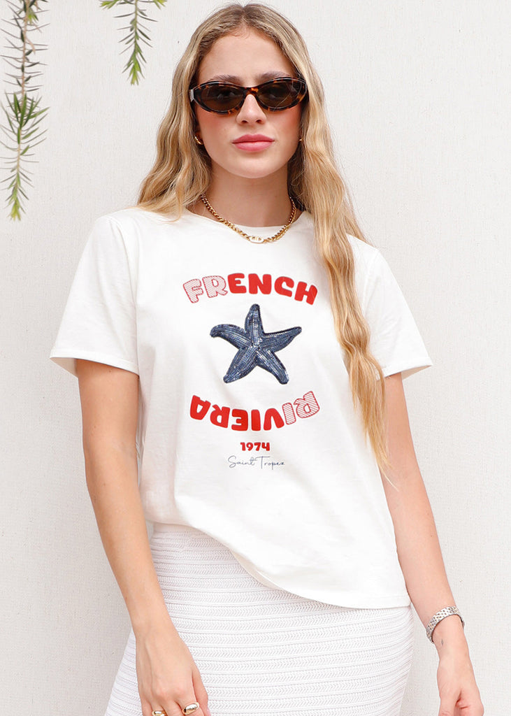 Camiseta estampada "French Riviera" con estrella en lentejuelas color marfil, blanco para mujer - Flashy