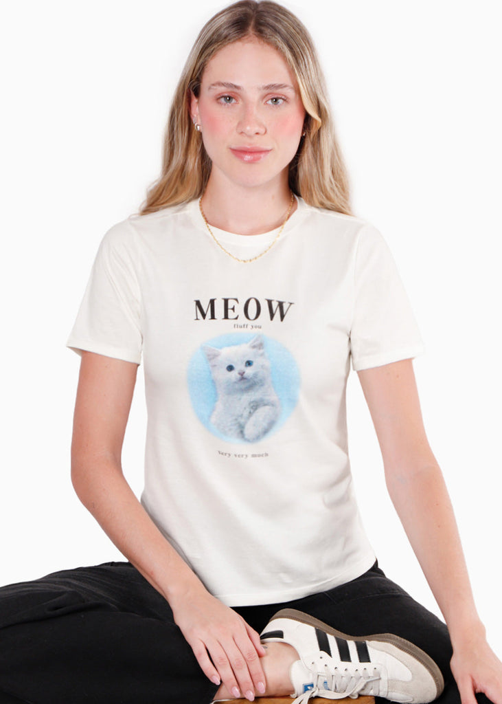 Camiseta estampada "Meow" color blanco, marfil para mujer - Flashy