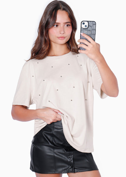 Camiseta oversized manga corta con perlas color gris para mujer - Flashy
