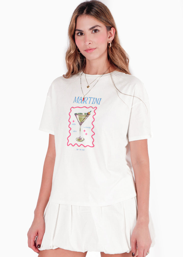 Camiseta oversized estampada "Martini" color blanco, marfil para mujer - Flashy