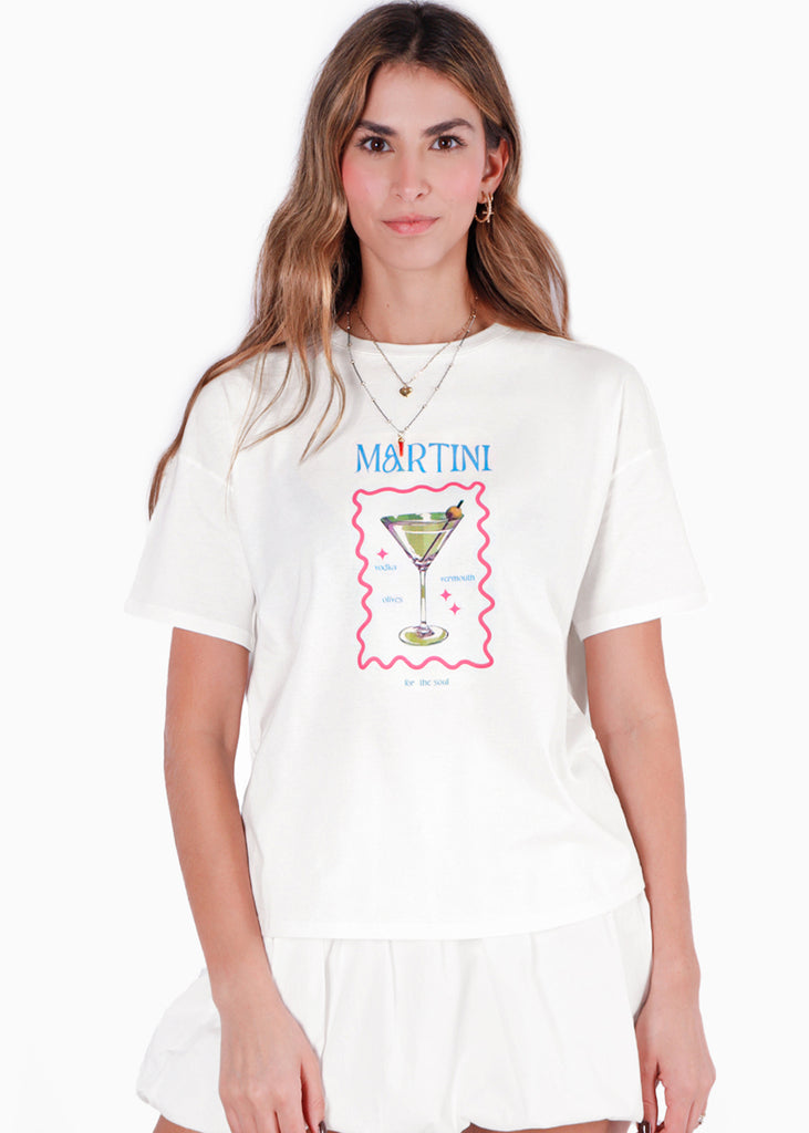 Camiseta oversized estampada "Martini" color blanco, marfil para mujer - Flashy