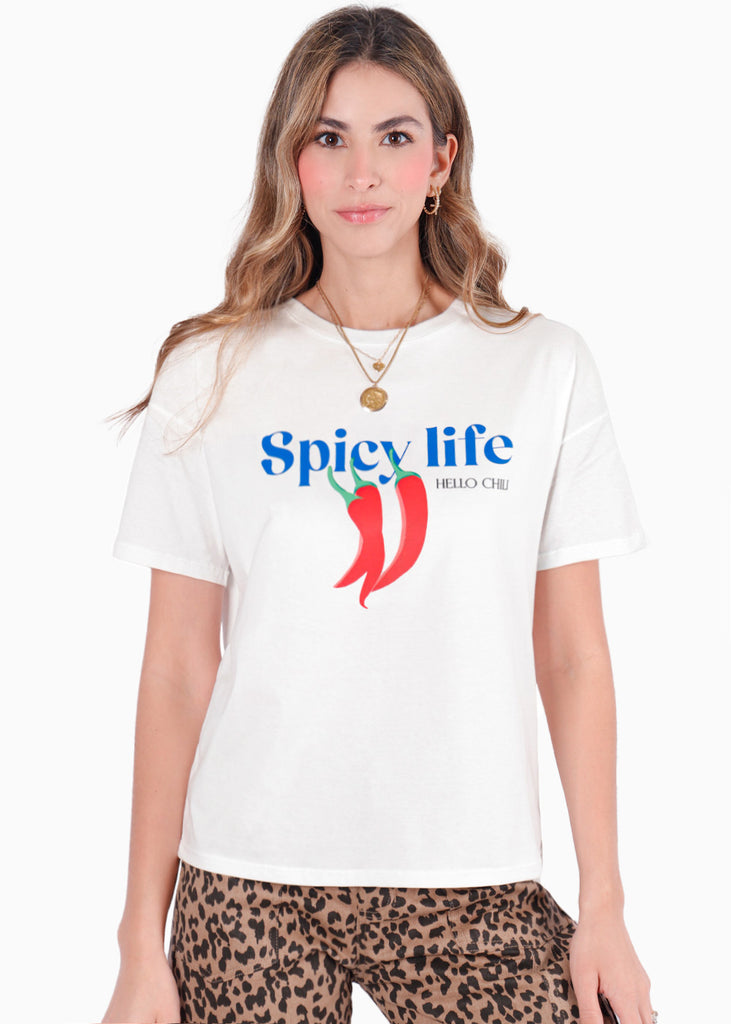 Camiseta oversized estampada "Spicy Life" color blanco, marfil para mujer - Flashy