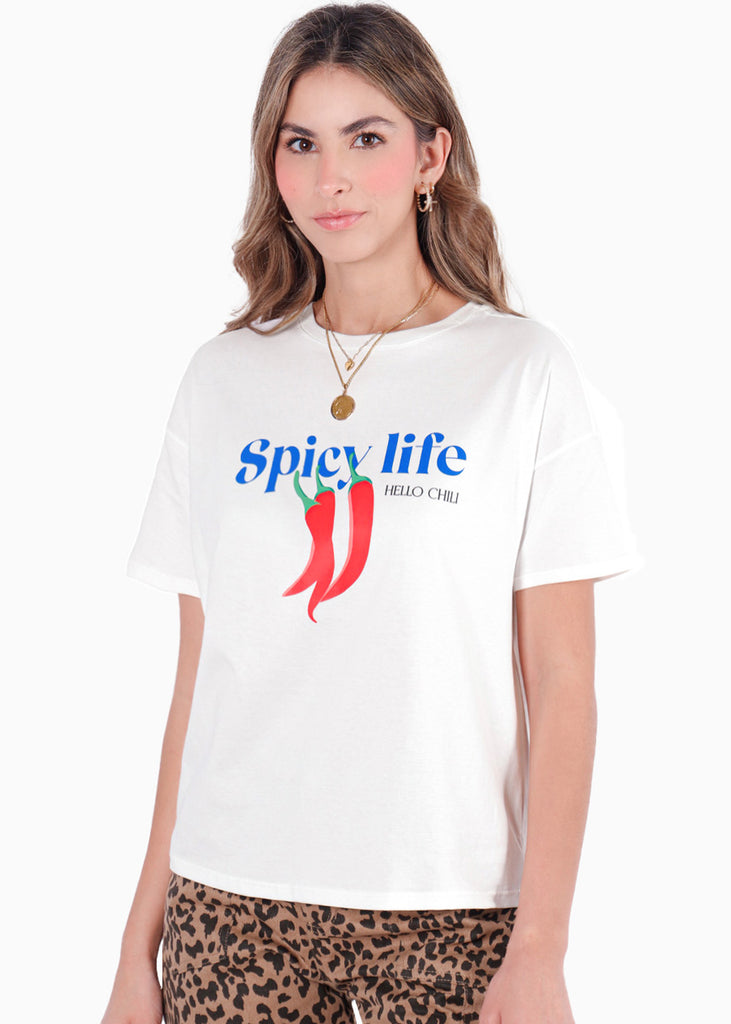 Camiseta oversized estampada "Spicy Life" color blanco, marfil para mujer - Flashy