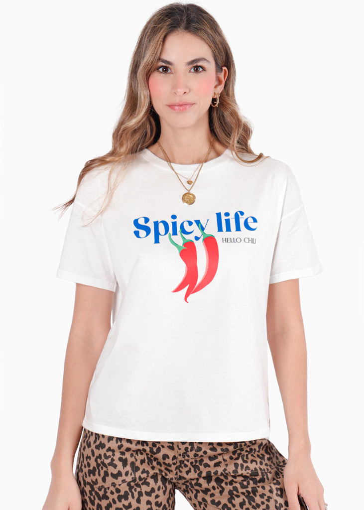 Camiseta oversized estampada "Spicy Life" color blanco, marfil para mujer - Flashy