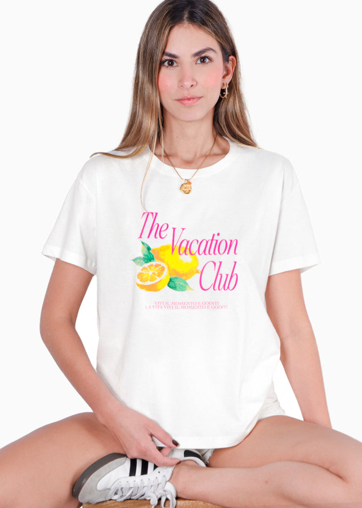 Camiseta oversized estampada "The Vacation Club" color blanco, marfil para mujer - Flashy