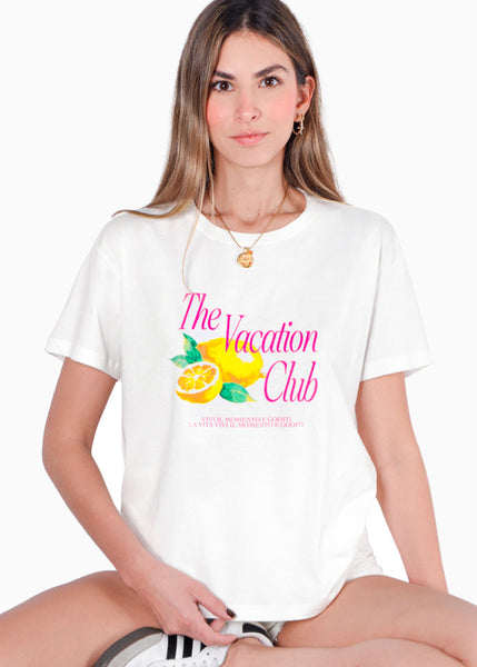 Camiseta oversized estampada "The Vacation Club" color blanco, marfil para mujer - Flashy