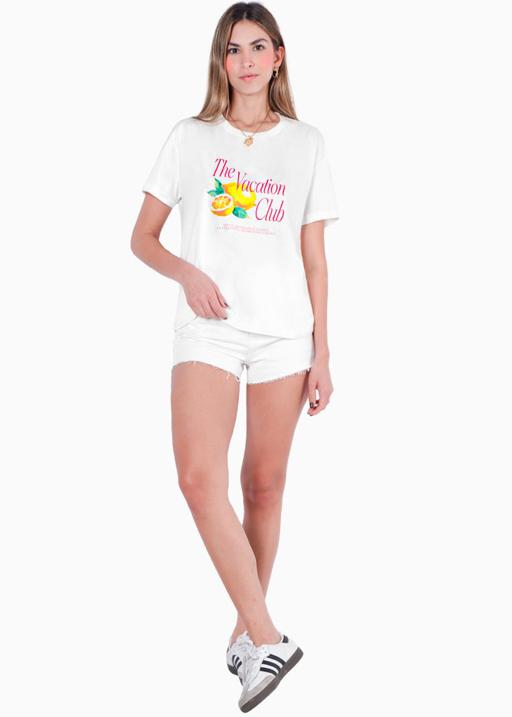 Camiseta oversized estampada "The Vacation Club" color blanco, marfil para mujer - Flashy