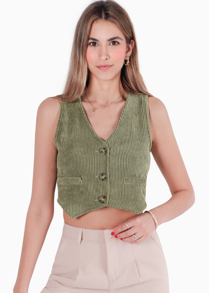 Chaleco tipo sastre corto de corduroy con botones color verde para mujer - Flashy