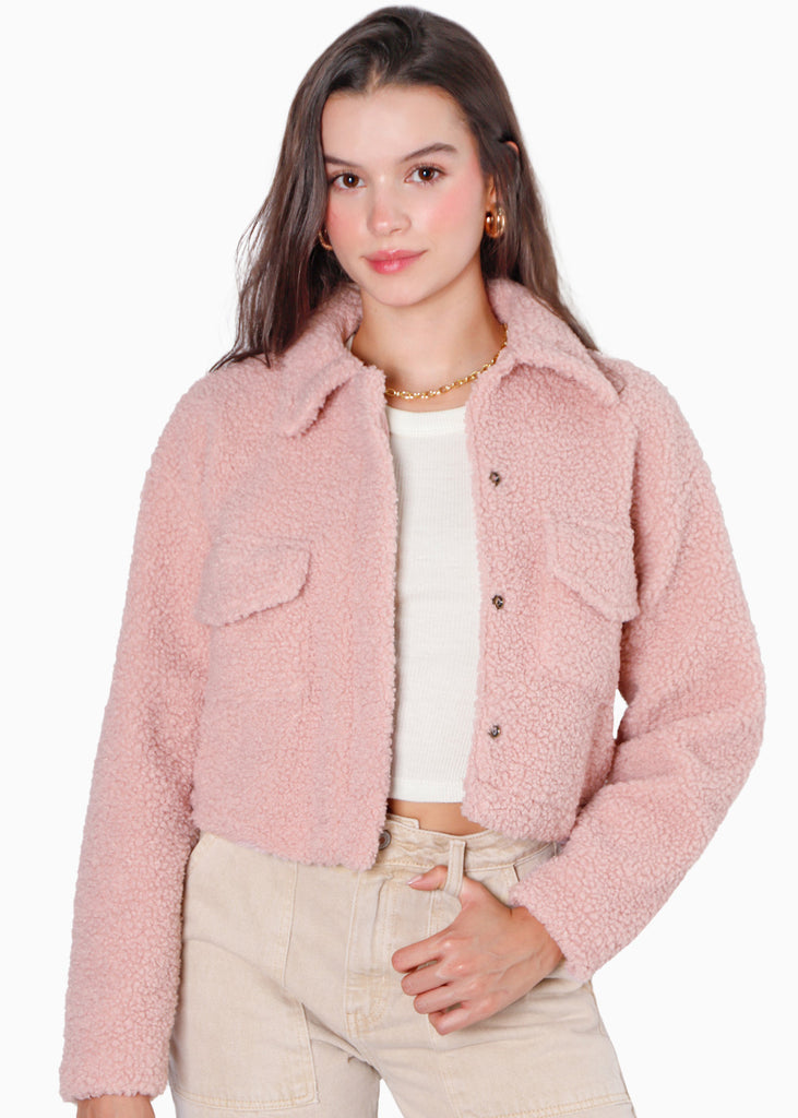 Chaqueta con cuello, bolsillos y pelo sintético color rosado para mujer - Flashy