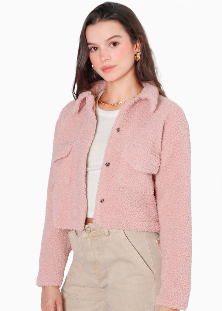 Chaqueta con cuello, bolsillos y pelo sintético color rosado para mujer - Flashy