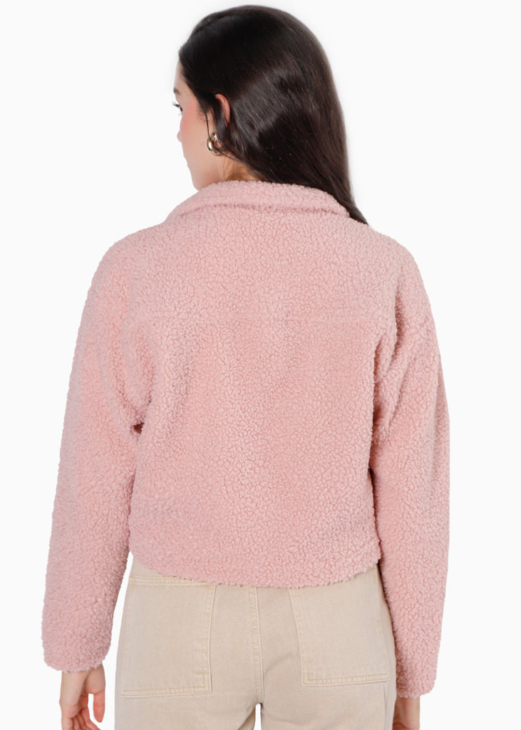 Chaqueta con cuello, bolsillos y pelo sintético color rosado para mujer - Flashy