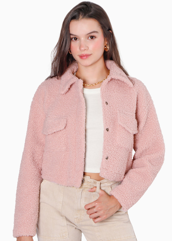 Chaqueta con cuello, bolsillos y pelo sintético color rosado para mujer - Flashy