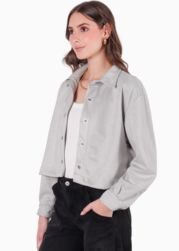 Chaqueta corta tipo gamuza color gris para mujer - Flashy