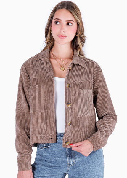 Chaqueta de corduroy con bolsillos y botones color café para mujer - Flashy