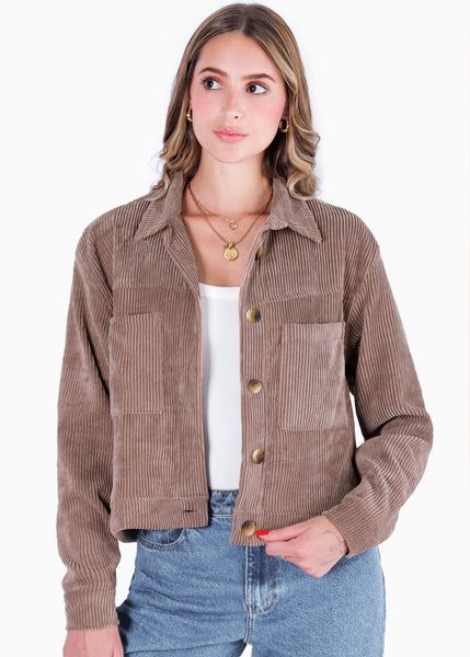 Chaqueta de corduroy con bolsillos y botones color café para mujer - Flashy