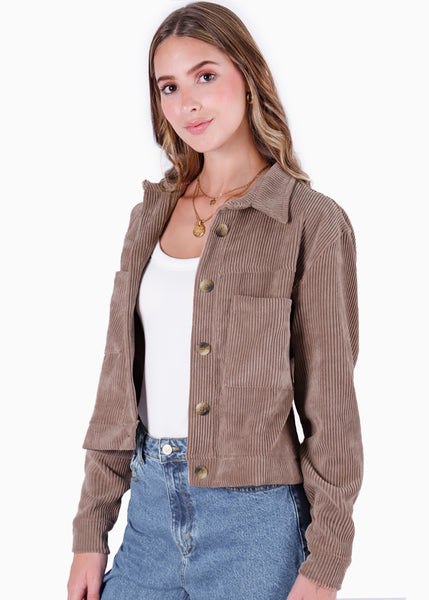 Chaqueta de corduroy con bolsillos y botones color café para mujer - Flashy