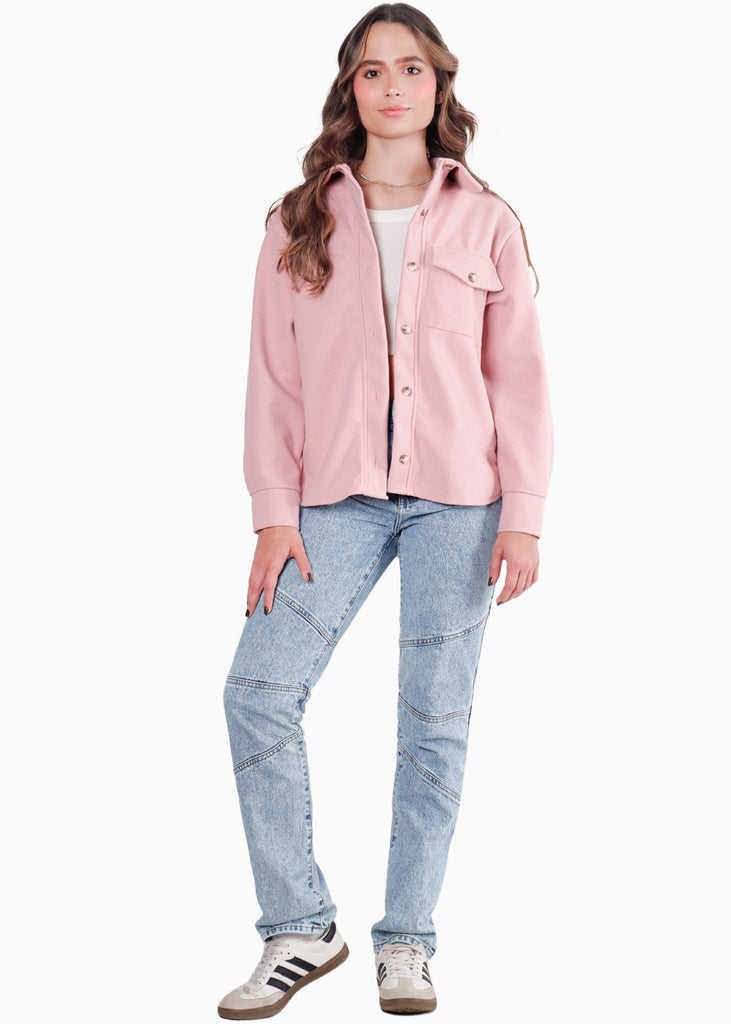 Chaqueta de paño con botones y oversized color rosado para mujer - Flashy