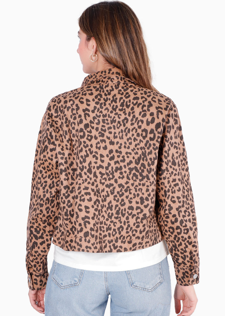 Chaqueta denim con bolsillos y de animal print color café para mujer - Flashy