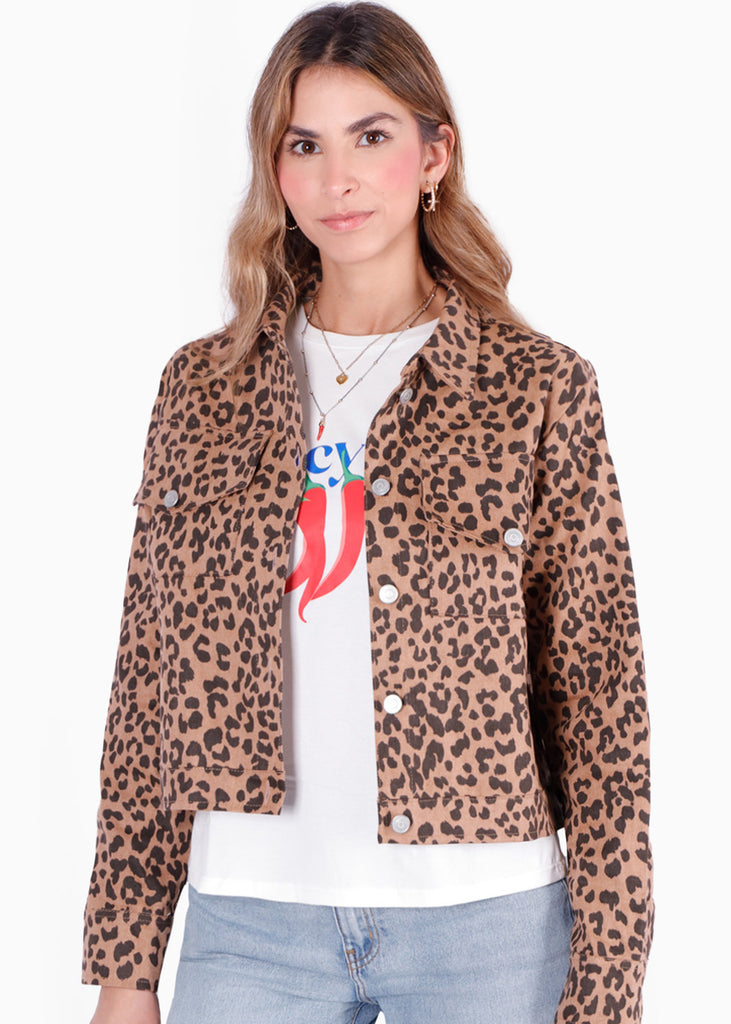 Chaqueta denim con bolsillos y de animal print color café para mujer - Flashy