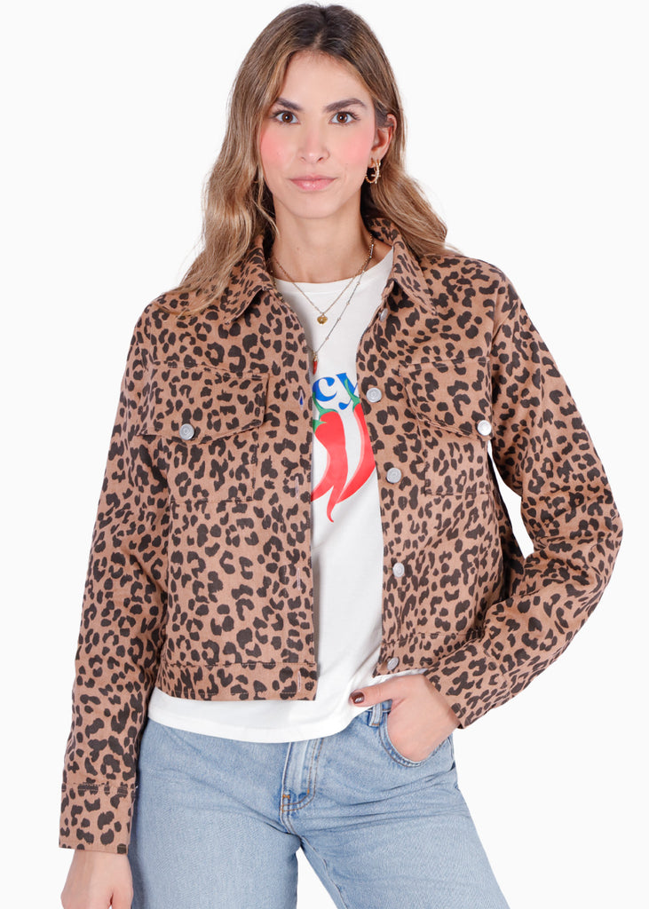 Chaqueta denim con bolsillos y de animal print color café para mujer - Flashy