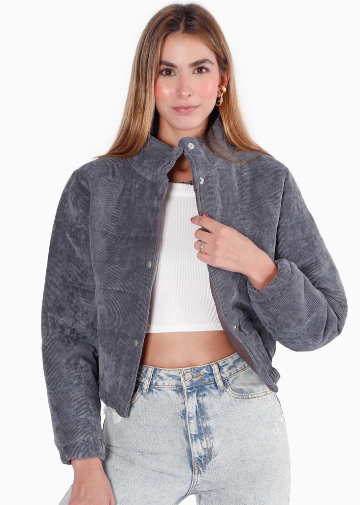 Chaqueta puffer de corduroy color gris para mujer - Flashy