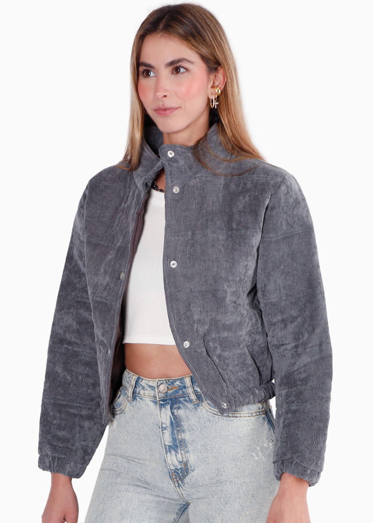 Chaqueta puffer de corduroy color gris para mujer - Flashy