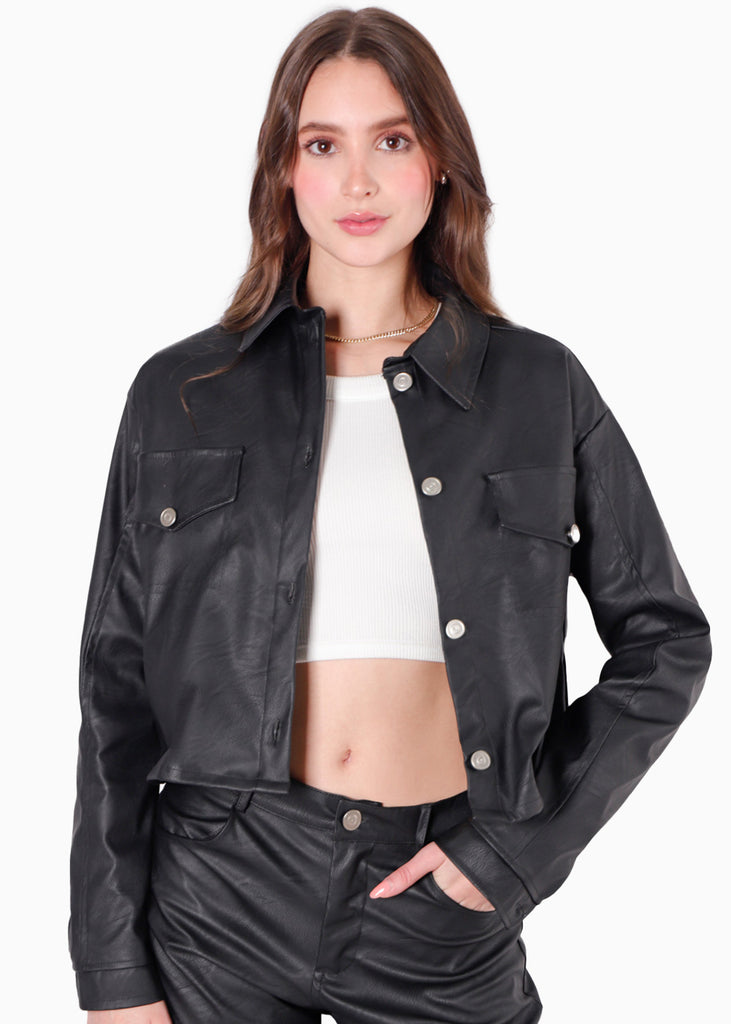 Chaqueta tipo cuero con bolsillos y cuello color negro para mujer - Flashy