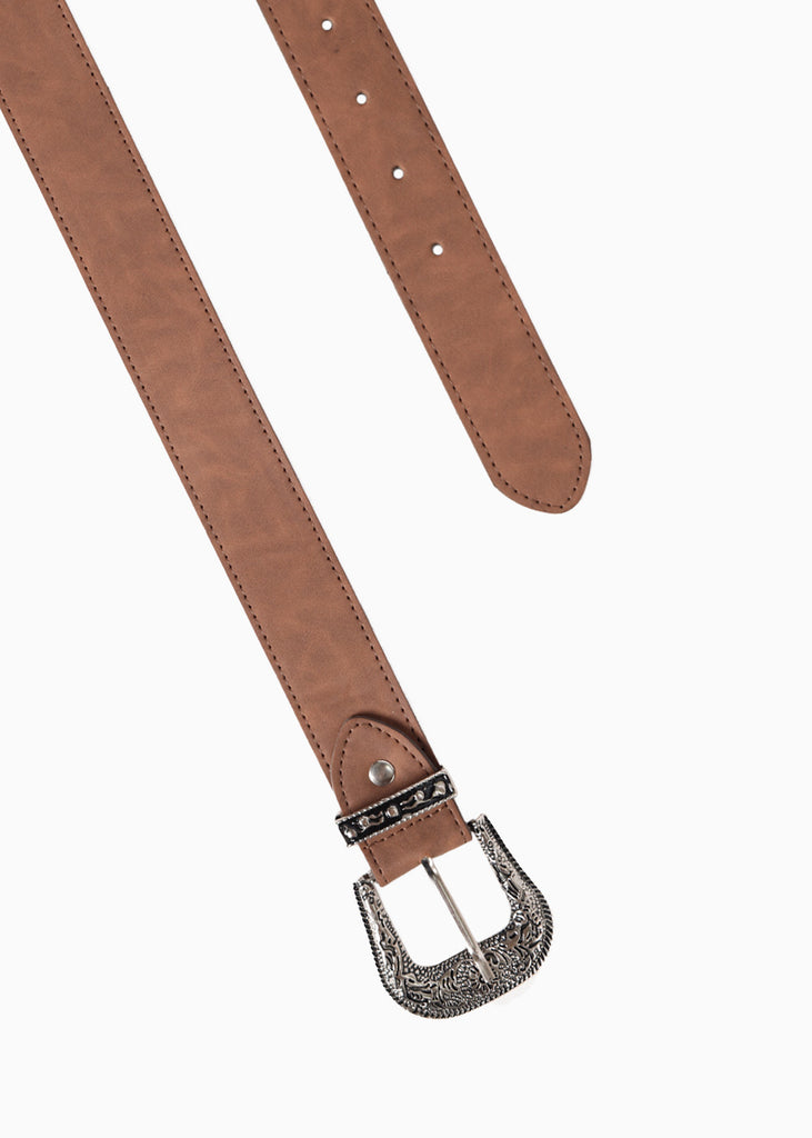 Cinturón tipo vaquero con hebilla plateada color café para mujer - Flashy