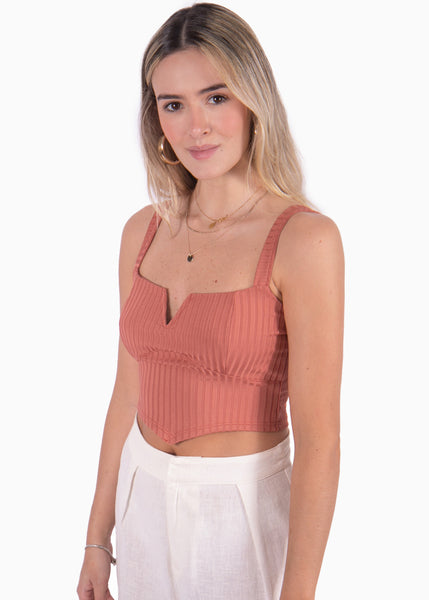 Crop top de tiras con escote tipo corset color terracota para mujer - Flashy